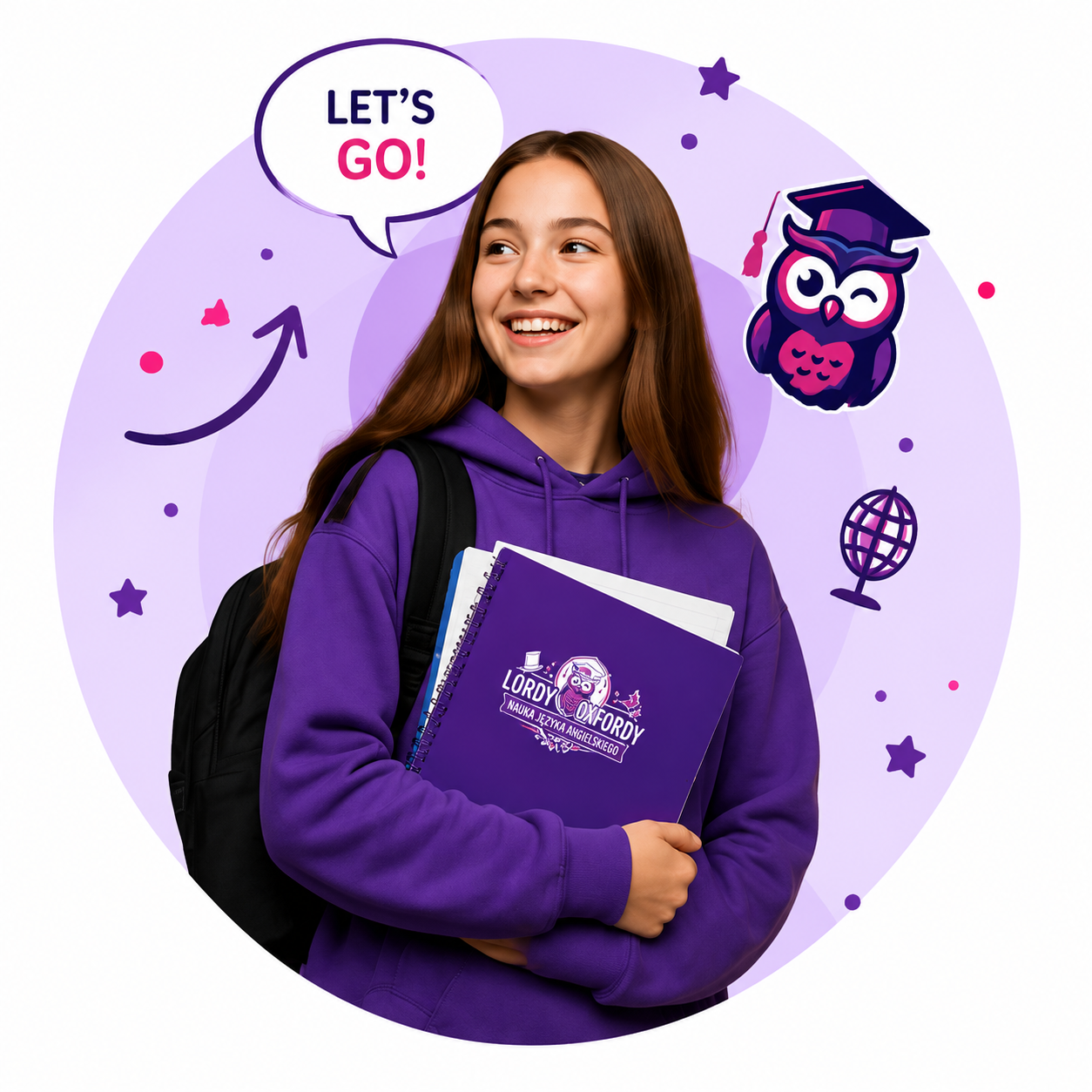 Uśmiechnięta uczennica z notatnikami Lordy Oxfordy – Let's go!